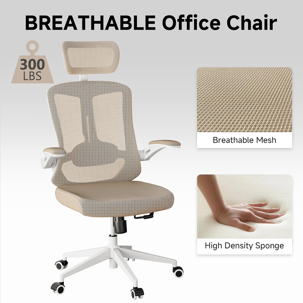Ergonomic Office Chair with Adjustable Lumbar Support & Flip-Up Armrests - High Back Computer Desk Chair with Thickened Seat Cushion, Rolling Wheels for Home/Office Study Work (07khaki)