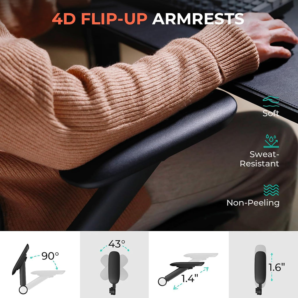 CAPOT Ergonomic Mesh Office Chair, Adjustable Lumbar High Back Desk Chair 400lbs, 4D Flip-up Arms, 3 Tilt Backrest, 3D Headrest, PU Wheels, Swivel Rolling Computer Chair for Long Desk Work - Black