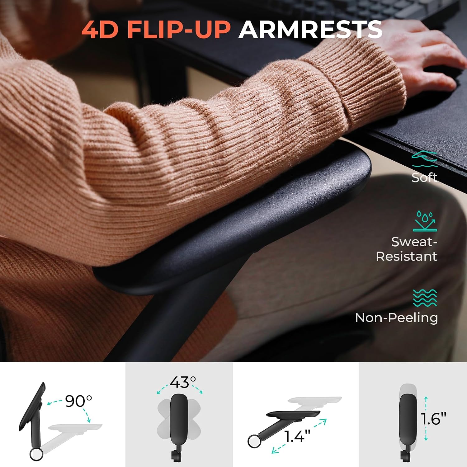 CAPOT Ergonomic Mesh Office Chair, Adjustable Lumbar High Back Desk Chair 400lbs, 4D Flip-up Arms, 3 Tilt Backrest, 3D Headrest, PU Wheels, Swivel Rolling Computer Chair for Long Desk Work - Black