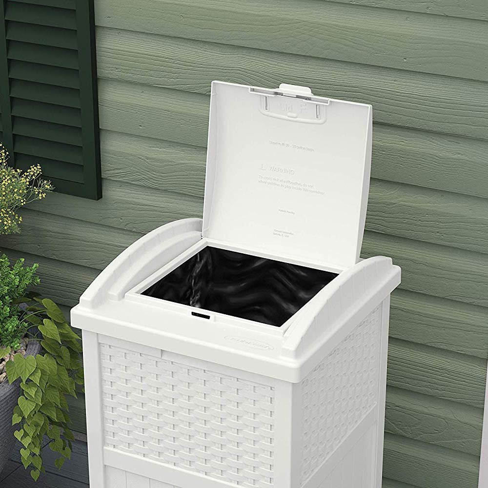 Suncast Wicker Plastic Outdoor Hideaway 33 Gallon Trash Can Bin with Latching Lid for Backyard, Deck, or Patio Use, White (2 Pack)