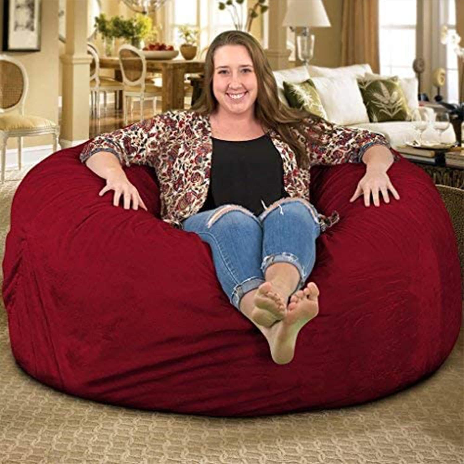 ULTIMATE SACK 5000 5-Foot Bean Bag Chair, Burgundy Suede Cover – Oversized Foam Lounger, Floor Seat, Small Sofa, or Couch Bed for Living Area, Gaming Room, or Reading Lounge