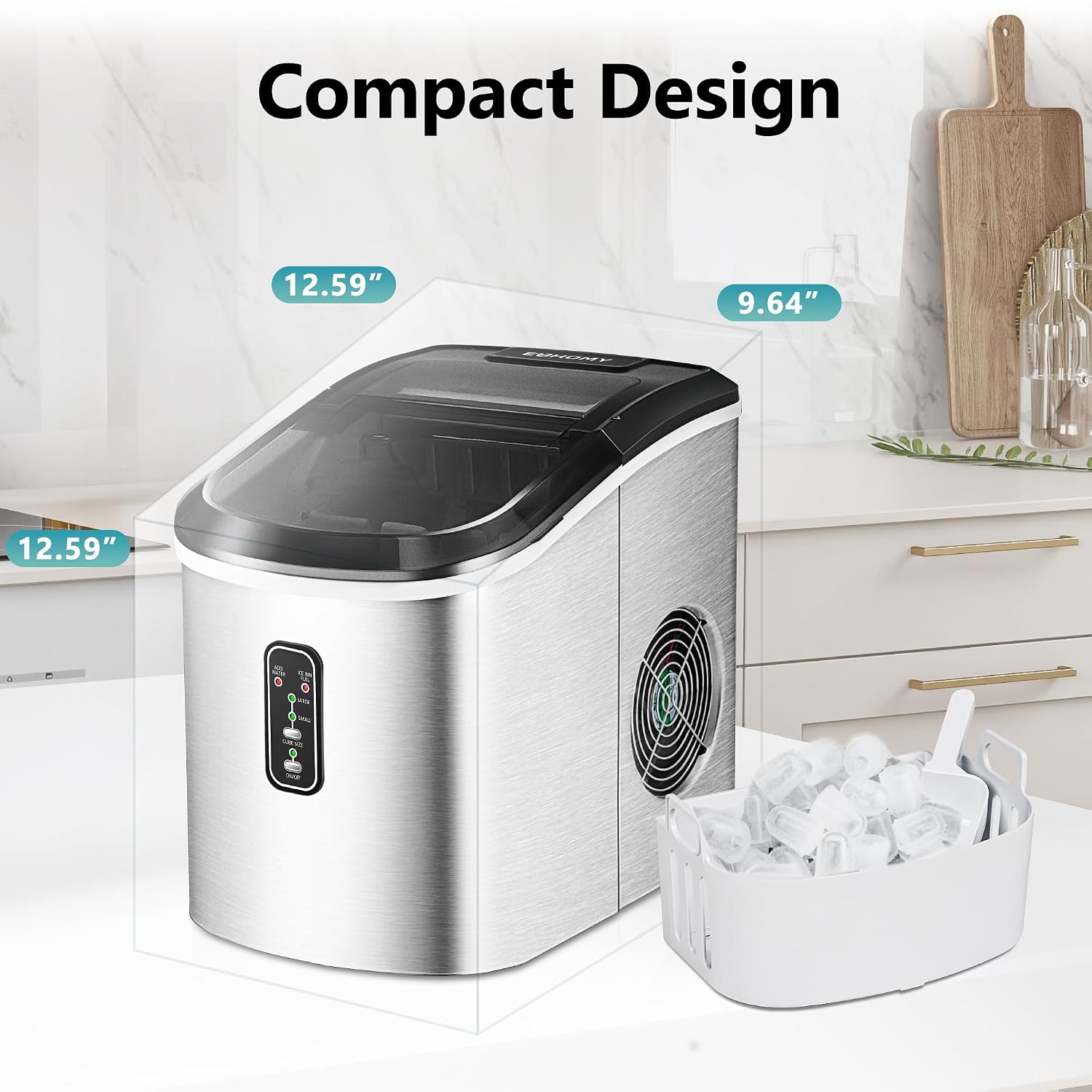 EUHOMY Smart Ice Makers Countertop -26lbs in 24 Hours, 9 Cubes Ready in 8Mins, Self-Cleaning Countertop Ice Maker, Portable Ice Maker with Ice Scoop and Basket, Perfect for Home/Kitchen/Office(Sliver
