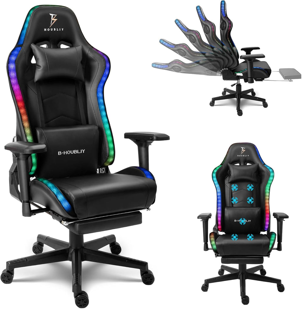 Gaming Chair with Speakers and LED RGB Lights Cute Ergonomic Massage Computer Chairs with Footrest High Back Music Video Game Chair Office Chair with 4D Armrests Lumbar Support Headrest,Black
