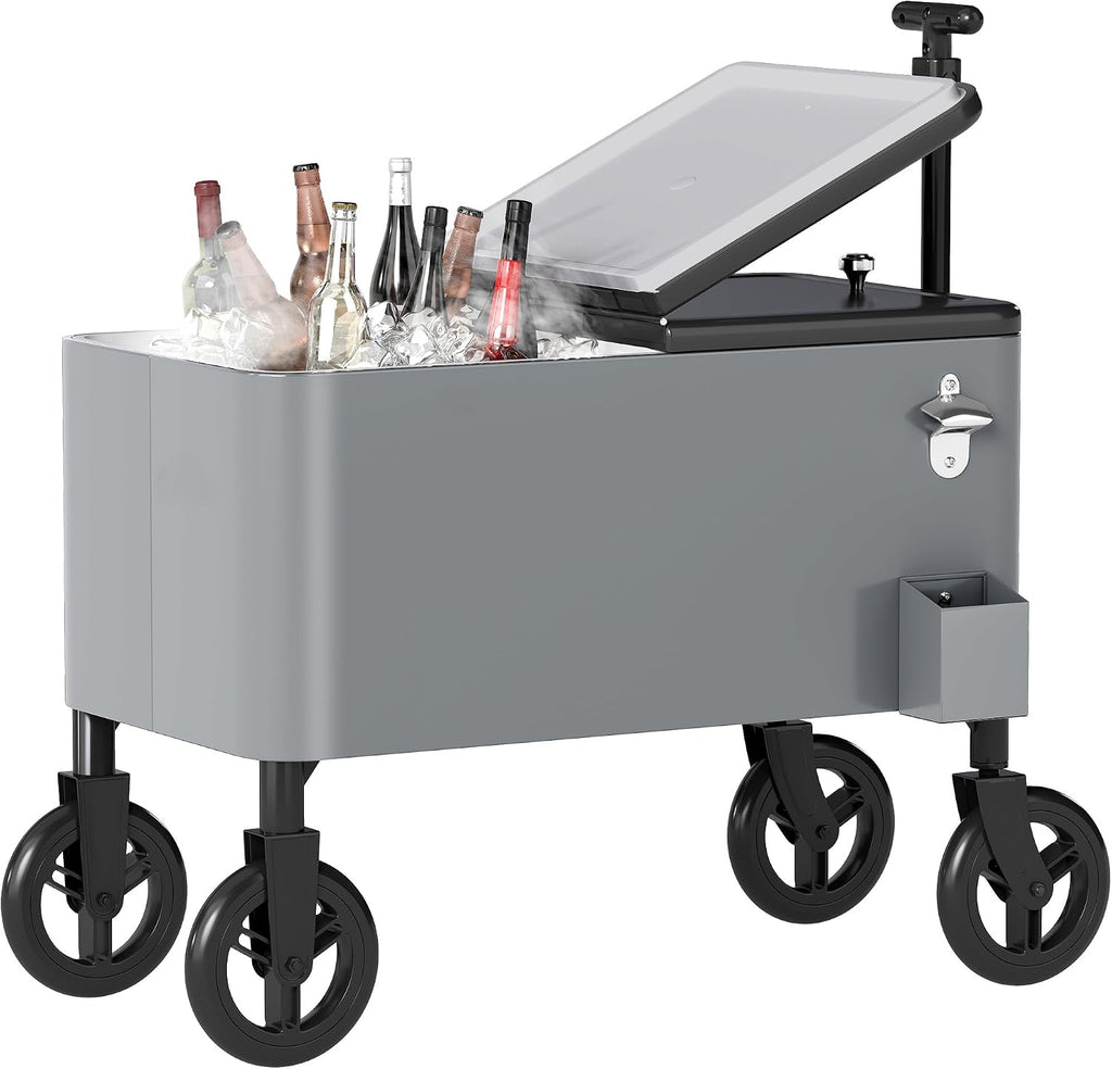 DWVO Ice Chest with Wheels,80 Quart Rolling Cooler with Bottle Opener Drainage, Patio Cooler Cart, Rolling Ice Chest with Handle for Patio Pool Deck Party BBQ Cookouts