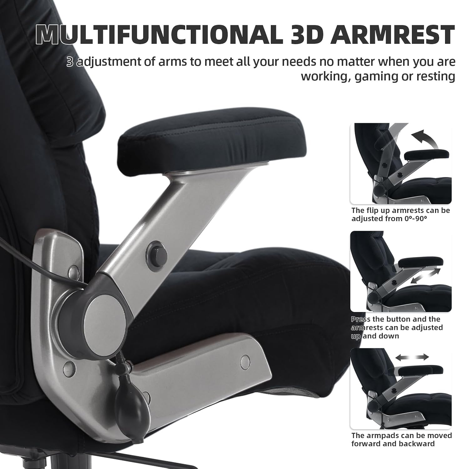 VUZI 700LBS Large Heavy Duty Office Chair with 3D Flip Arms, Big and Tall Plus Size Fabric Executive Desk Chairs, High Back Extra Wide Computer Chair with Adjustable Lumbar Support, Sturdy Metal Base