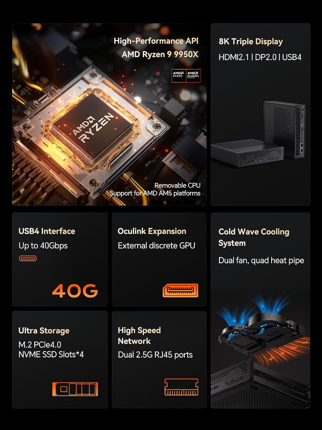 MINISFORUM MS-A1 Mini Workstation AMD Ryzen 9 9950X(16C/32T, up to 5.7GHz) Barebone Without Storage/SSD Mini PC, HDMI/DP/USB-C Triple Outputs, 2x2.5G LAN Port, 4X PCIe SSD Slot, AMD Radeon Graphics