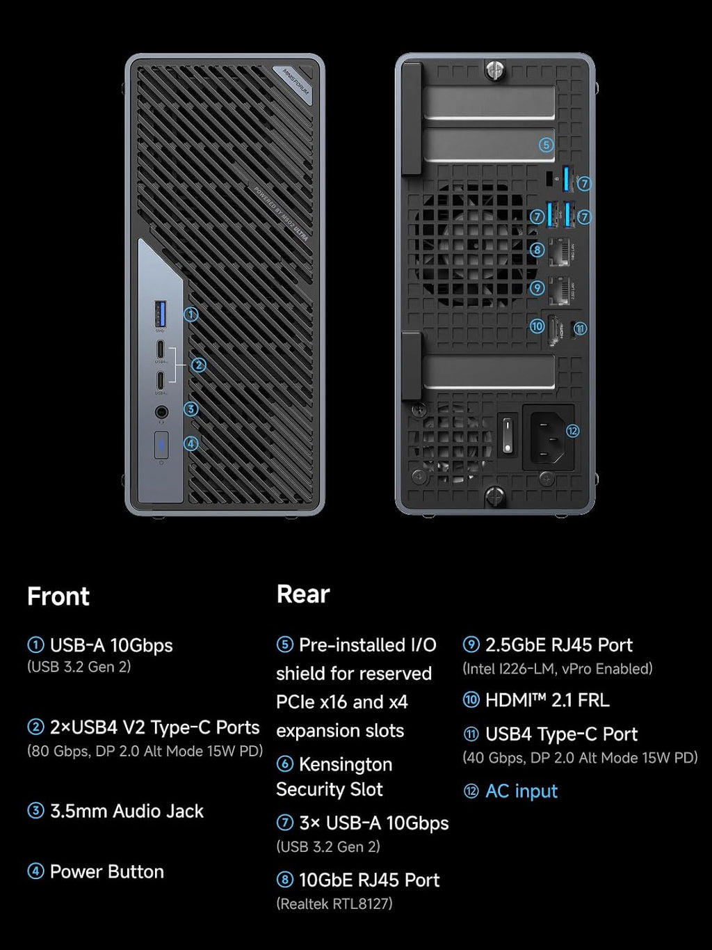 MINISFORUM Mini Workstation MS-02 Core Ultra 5 235HX Without Storage/OS Mini PC, 4X DDR5 Slot, 4X SSD Slot, HDMI+USB4+2xUSB4 V2 Video Output, 2X 25G SFP+, 1x10G RJ45, 1x 2.5G RJ45, WiFi7 Computer