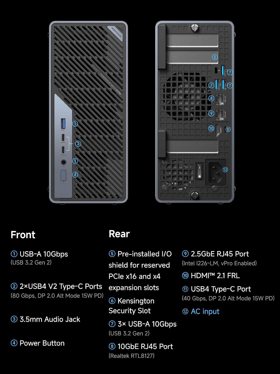 MINISFORUM Mini Workstation MS-02 Core Ultra 5 235HX Without Storage/OS Mini PC, 4X DDR5 Slot, 4X SSD Slot, HDMI+USB4+2xUSB4 V2 Video Output, 2X 25G SFP+, 1x10G RJ45, 1x 2.5G RJ45, WiFi7 Computer