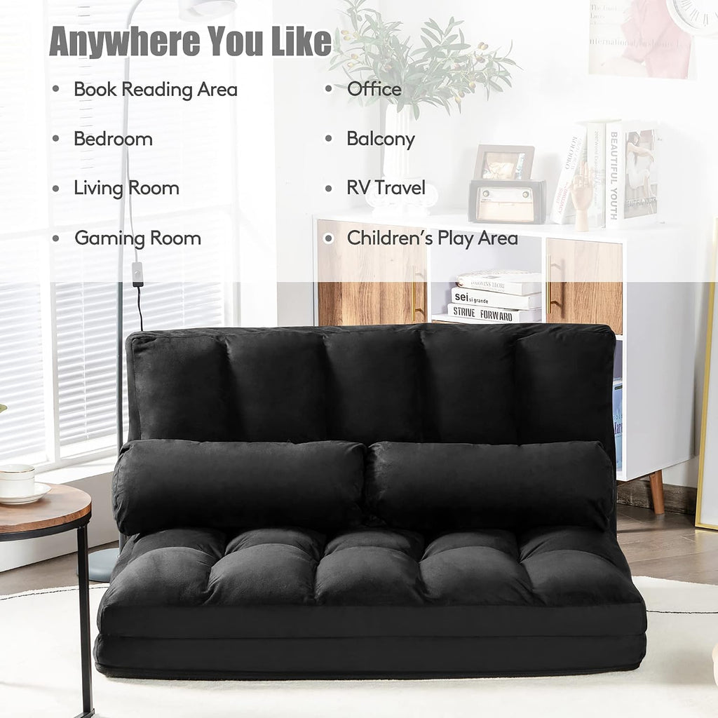 DORTALA Foldable Floor Sofa, 6-Position Adjustable Lounge Couch with 2 Pillows & Suede Cloth Cover, Modern Lounge Mattress Video Gaming Lazy Couch, Suede Floor Seating Sofa, 71' x 44.5', Black