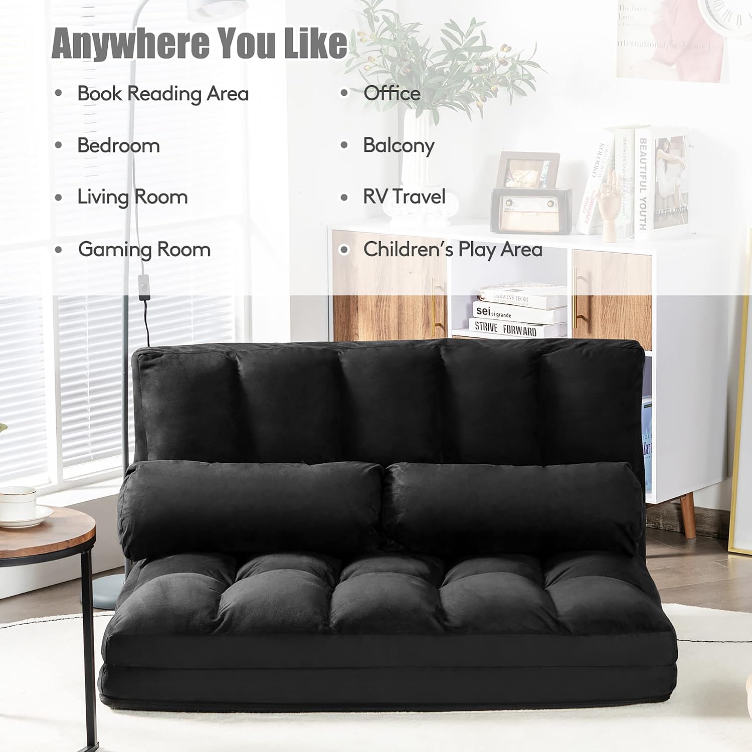 DORTALA Foldable Floor Sofa, 6-Position Adjustable Lounge Couch with 2 Pillows & Suede Cloth Cover, Modern Lounge Mattress Video Gaming Lazy Couch, Suede Floor Seating Sofa, 71' x 44.5', Black