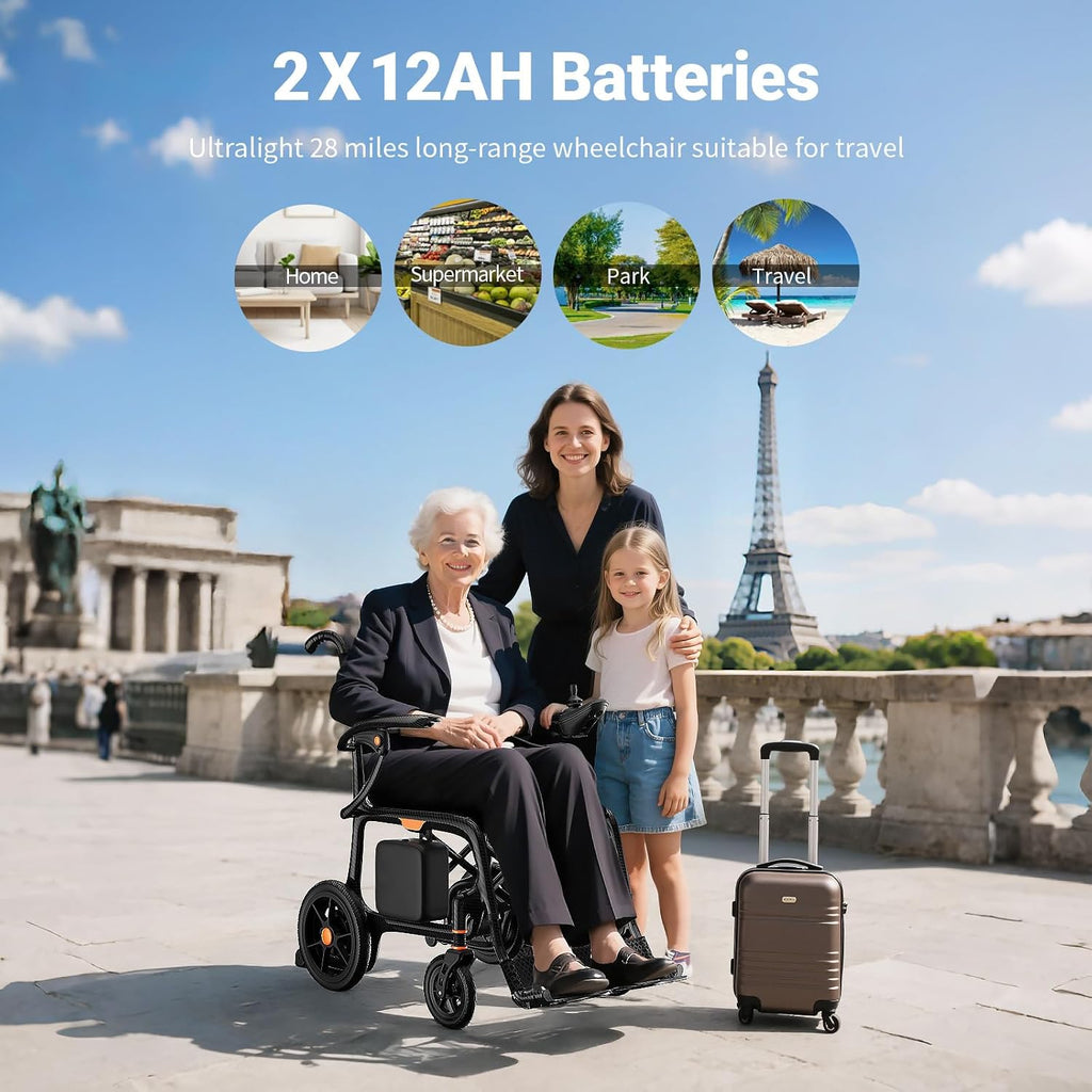 28lbs Ultralight 28 Miles Long Range 100% Carbon Fiber Travel Electric Wheelchairs for Adults, FreeWink Foldable Portable Electric Wheelchairs with 2 Lithium Batteries for All Terrain Airline Approved
