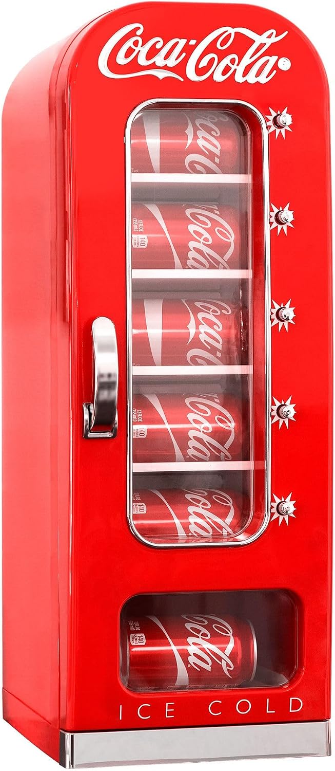 Coca-Cola AC/DC Retro Vending Electric Cooler with 10 Can Capacity - Beverage Vending Machine with Thermoelectric Cooling and Tall Window Display
