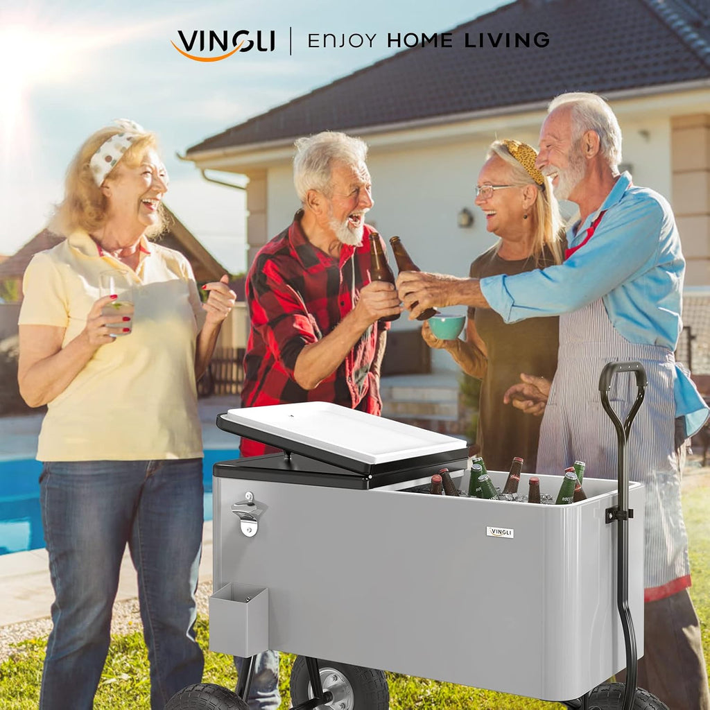 VINGLI 80 Quart Wagon Rolling Cooler Ice Chest, w/Long Handle and 10' Wheels, Portable Beach Patio Party Bar Cold Drink Beverage, Outdoor Park Cart on Wheels
