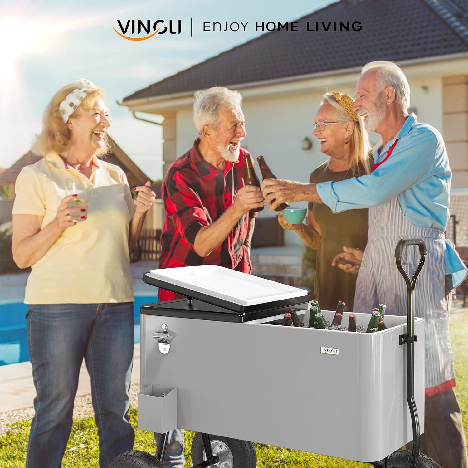 VINGLI 80 Quart Wagon Rolling Cooler Ice Chest, w/Long Handle and 10' Wheels, Portable Beach Patio Party Bar Cold Drink Beverage, Outdoor Park Cart on Wheels