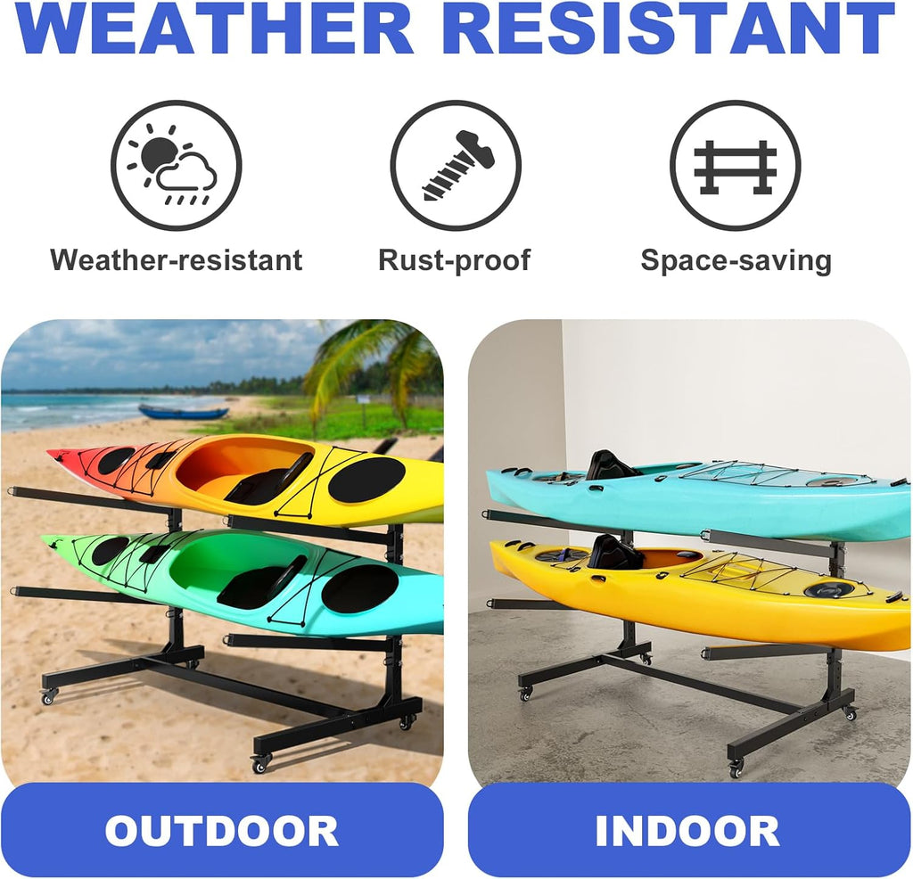 Baotree Heavy Duty Freestanding Kayak Storage Rack, Adjustable Metal Stand for 2 Kayaks, Canoes, SUPs, Paddleboards & Surfboards with Lockable Wheels, Indoor & Outdoor Use