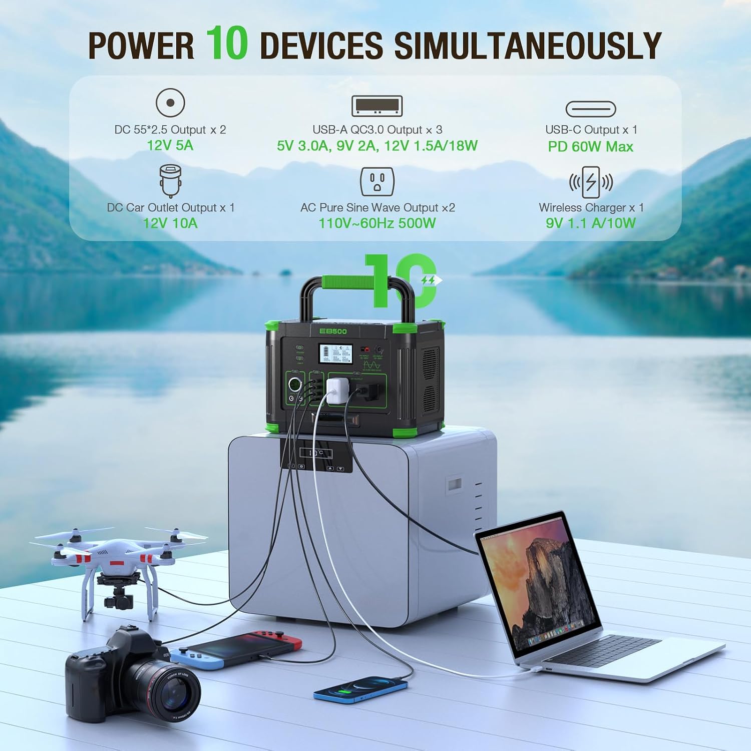 500W Portable Power Station, 519.48Wh Outdoor Solar Generator Backup Battery Pack with 2 110V AC Outlets, 500W (Peak 1000W) 10-Port Powerhouse for RV/Van Camping Fishing Climbing Road Home Emergency