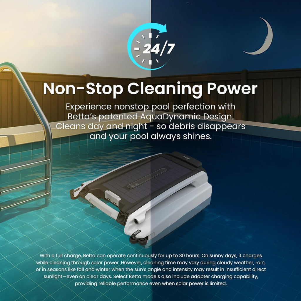 Betta SE Solar-Powered Robotic Automatic Pool Skimmer Cleaner with Carrying and Storage Bag, 24/7 Continuous Cleaning Battery Power, Pool Skimmer Anti-Stuck Foam Noodle, and Twin SCT Motors (White)
