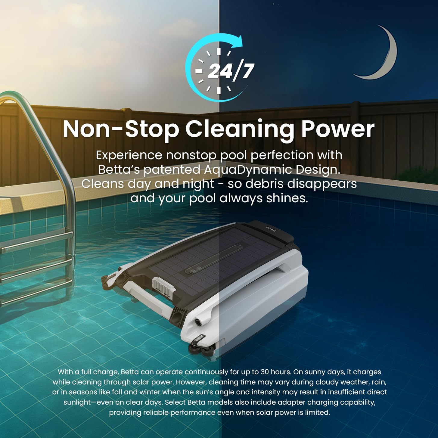 Betta SE Solar-Powered Robotic Automatic Pool Skimmer Cleaner with Carrying and Storage Bag, 24/7 Continuous Cleaning Battery Power, Pool Skimmer Anti-Stuck Foam Noodle, and Twin SCT Motors (White)