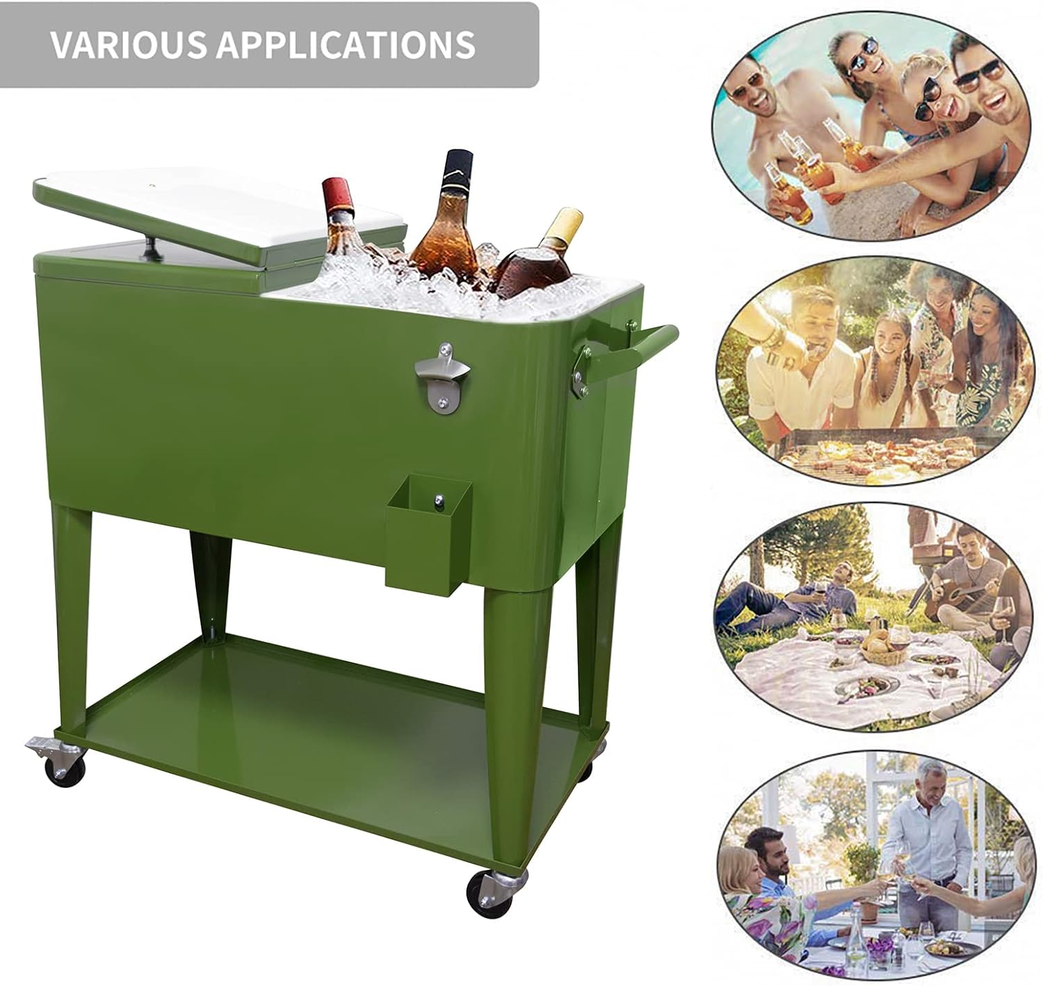 80 Quart Rolling Ice Chest Cooler Cart,for Outdoor Patio Deck Party Portable Party Bar Cold Drink Beverage Cart, Backyard Cooler Trolley on Wheels with Shelf, Bottle Opener