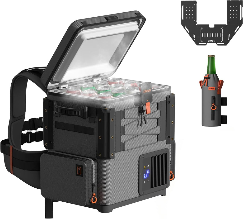 LiTHELi FrozenPack Wild 12V Car Refrigerator & Portable Electric Cooler with Cup Holder and Tabletop, 20L/21QT Backpack Design, -4~68℉ Travel Freezer for Camping, RV, Boat&Beach（Without Battery）