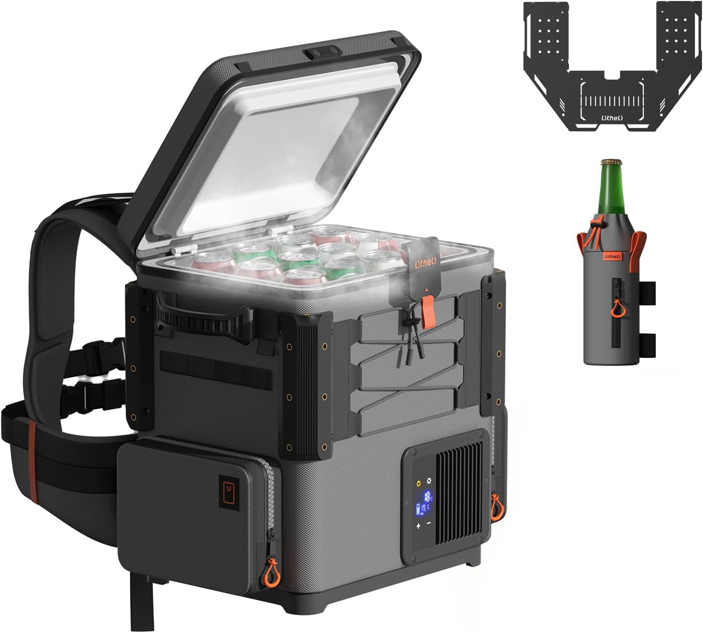 LiTHELi FrozenPack Wild 12V Car Refrigerator & Portable Electric Cooler with Cup Holder and Tabletop, 20L/21QT Backpack Design, -4~68℉ Travel Freezer for Camping, RV, Boat&Beach（Without Battery）