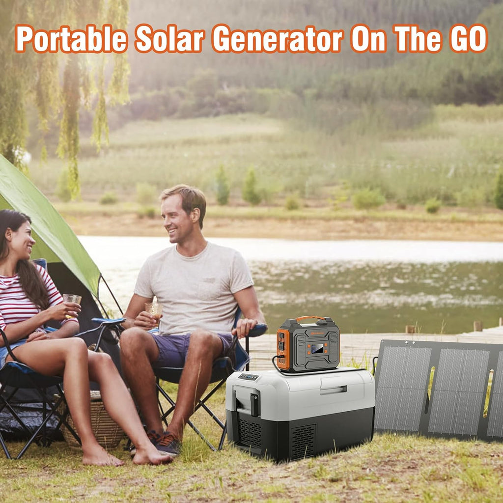 300 W Portable Solar Power Station Generator with Foldable 60W Solar Panel Charger, 110V Solar Power Bank with AC Outlet for Laptop Smart Devices Camping RV Home VanLife Outdoor Power Outage