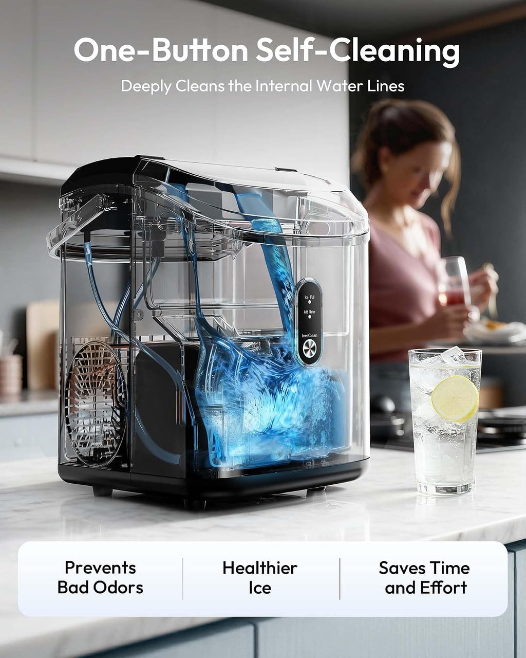 EUHOMY Nugget Ice Maker Countertop with Handle, Ready in 6 Mins, 34lbs Per Day, Removable Top Cover, Self-Cleaning, Portable Sonic Ice Maker with Basket and Scoop, for Home/Party/RV/Camping(Black)