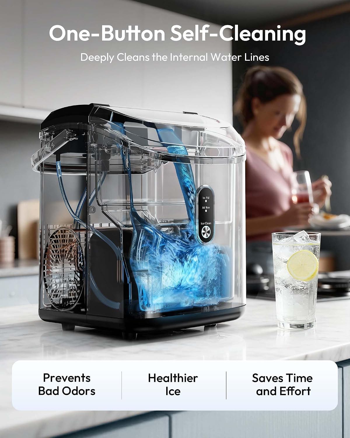 EUHOMY Nugget Ice Maker Countertop with Handle, Ready in 6 Mins, 34lbs Per Day, Removable Top Cover, Self-Cleaning, Portable Sonic Ice Maker with Basket and Scoop, for Home/Party/RV/Camping(Black)