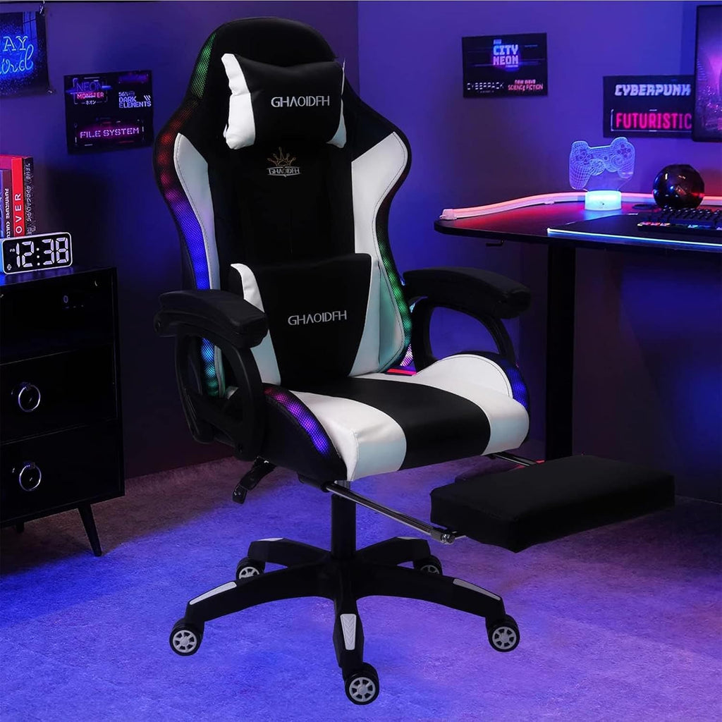 Video Gaming Chair with Footrest,Game Chair with Bluetooth Speakers,Computer Chair with LED Lights,Ergonomic Massage Gaming Chair with Massage Function,360°Swivel 90°-135° Adjustment Backrest (White)