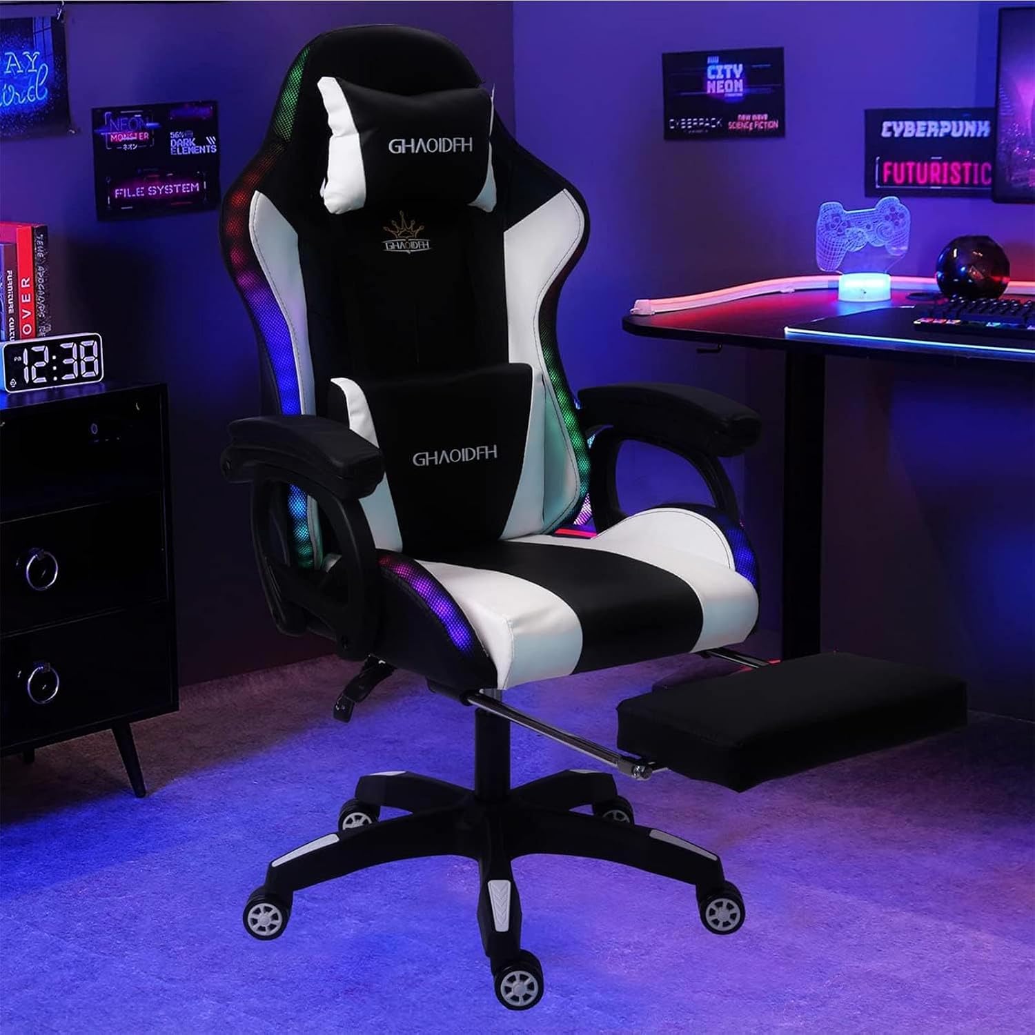 Video Gaming Chair with Footrest,Game Chair with Bluetooth Speakers,Computer Chair with LED Lights,Ergonomic Massage Gaming Chair with Massage Function,360°Swivel 90°-135° Adjustment Backrest (White)