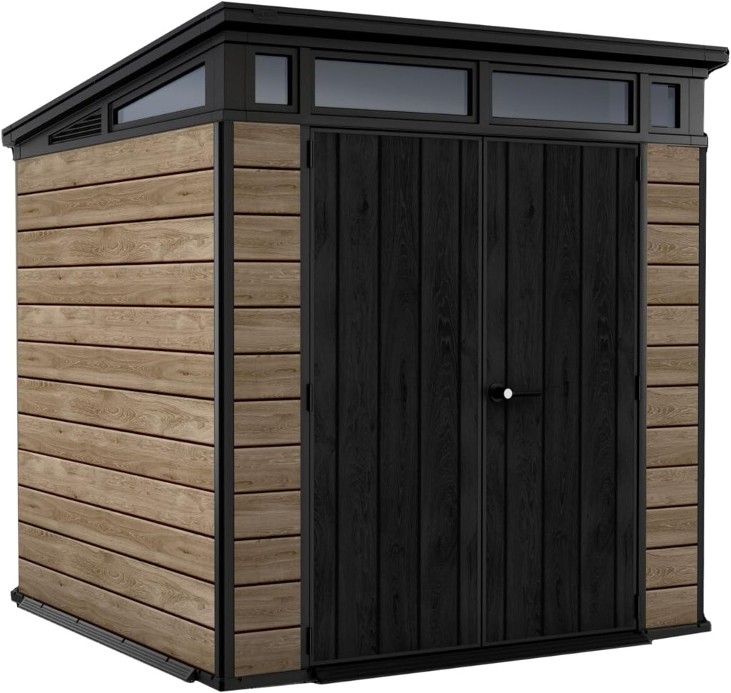 Keter Signature Collection 7x7 Ft All-Weather Storage Shed with Skylight, Window, Built-in Ventilation, & Lockable Double Doors, Ashwood