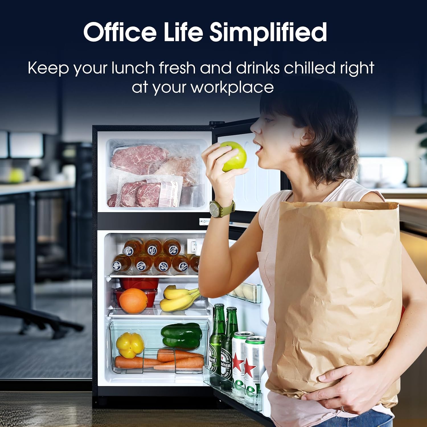 Anypro 3.2 Cu.Ft Fridge with Freezer with 2 Doors, Refrigerator with 7 Level Temperatures, LED Light, Adjustable Shelves, Food Storage Cooling Drink for Bedroom, Office, Dorm, Apartment, Silver