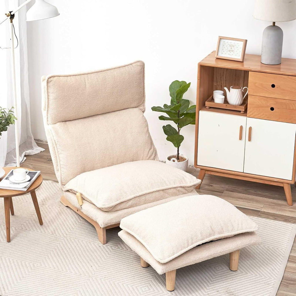 Floor Sofa Chair with Footrest, Upholstered Lazy Sofa Leisure Chair with Adjustable Backrest and Ottoman for Living Room, Bedroom, White