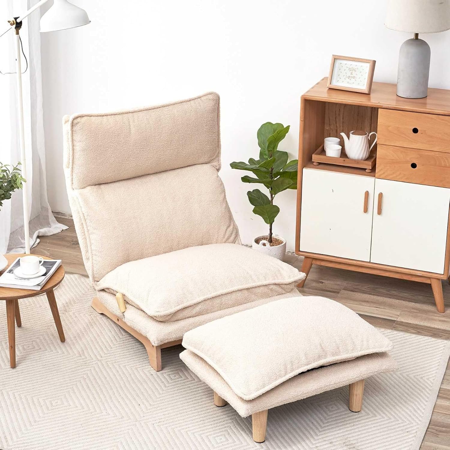 Floor Sofa Chair with Footrest, Upholstered Lazy Sofa Leisure Chair with Adjustable Backrest and Ottoman for Living Room, Bedroom, White