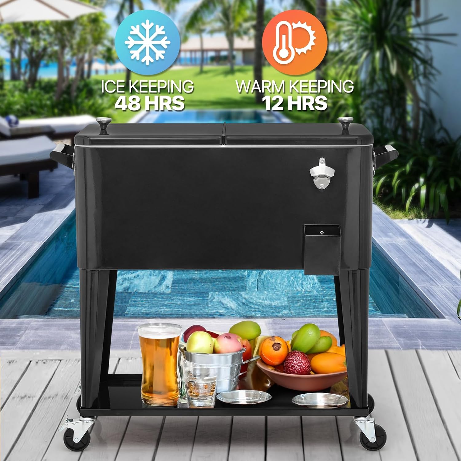 Magshion 80-Quart Patio Rolling Ice Chest Cooler Cart with Bottle Opener, Outdoor Ice Cooler Trolley with Wheels and Handle, Bar Drink Cooler Beverage Cart with Shelf for Party