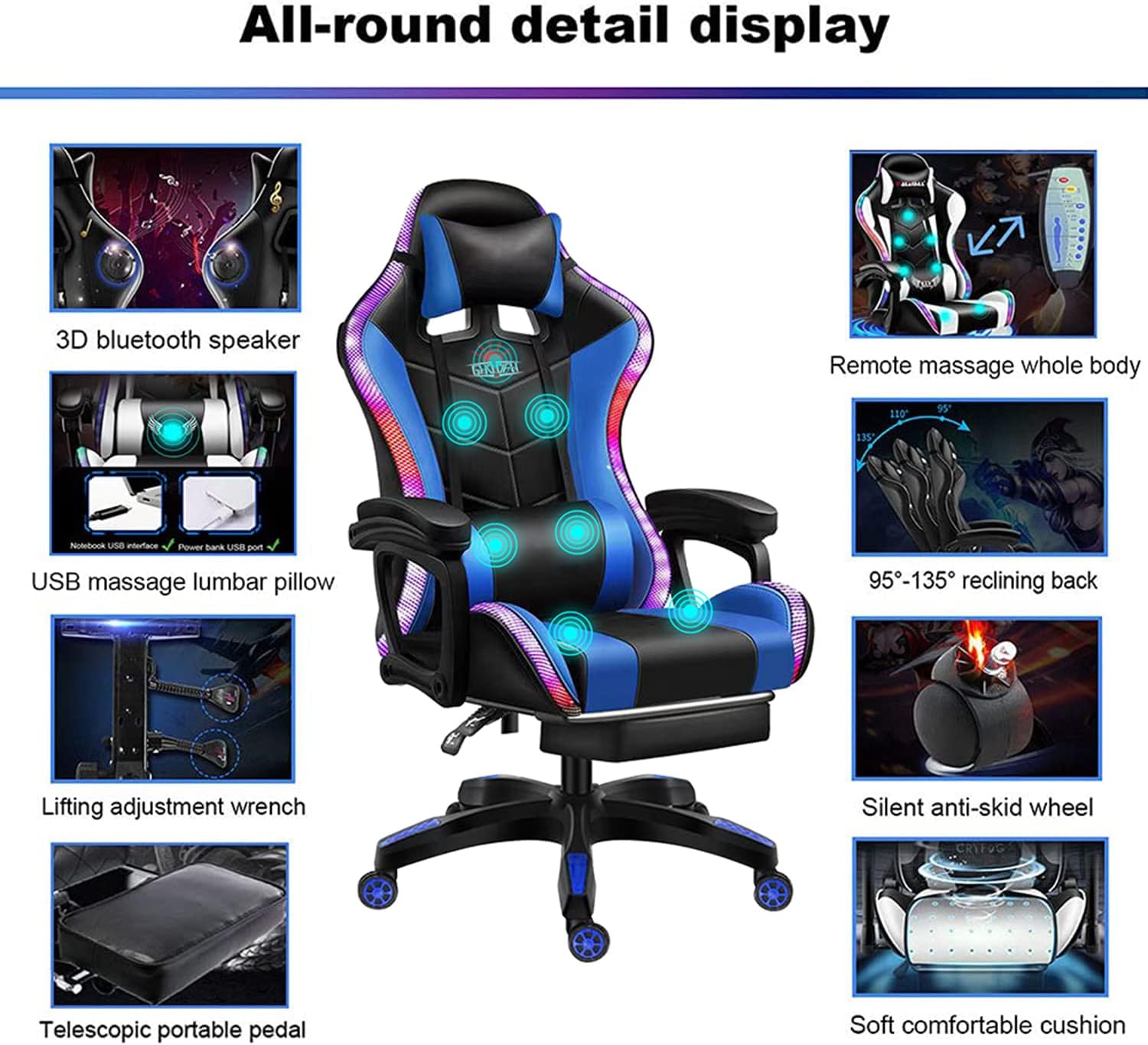 RGB Gaming Chair with Speakers Racing Ergonomic Gaming Chair for Adults Massage Computer Chair High Back Office Desk Chair Gamer Chair with Adjustable Lumbar Support and Armrest,Pink