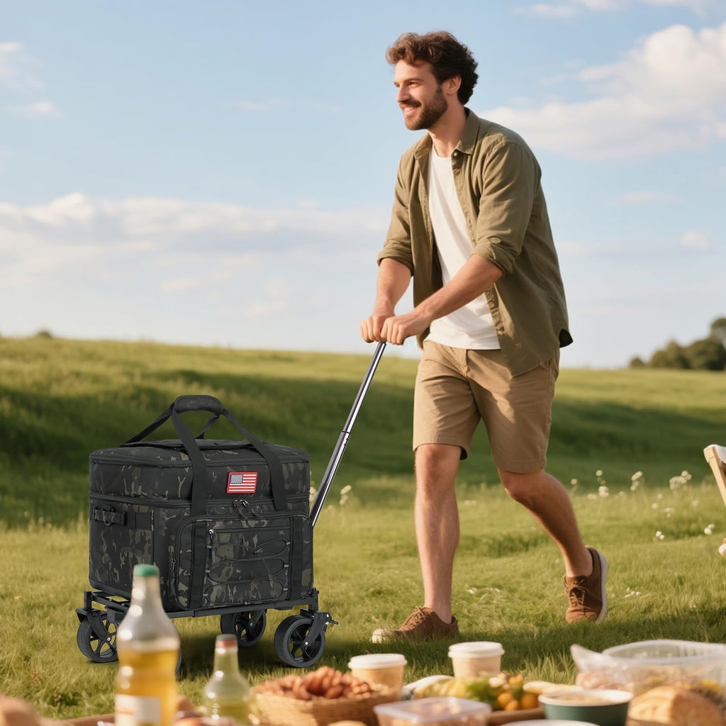 Extra Large Wheeled Portable Cooler Bag 85 Cans Double Deck Heavy Duty Rolling Insulated Cooler with All-Terrain Wheels Leakproof Tactical Soft Sided Cooler for Beach Camping Picnic Travel