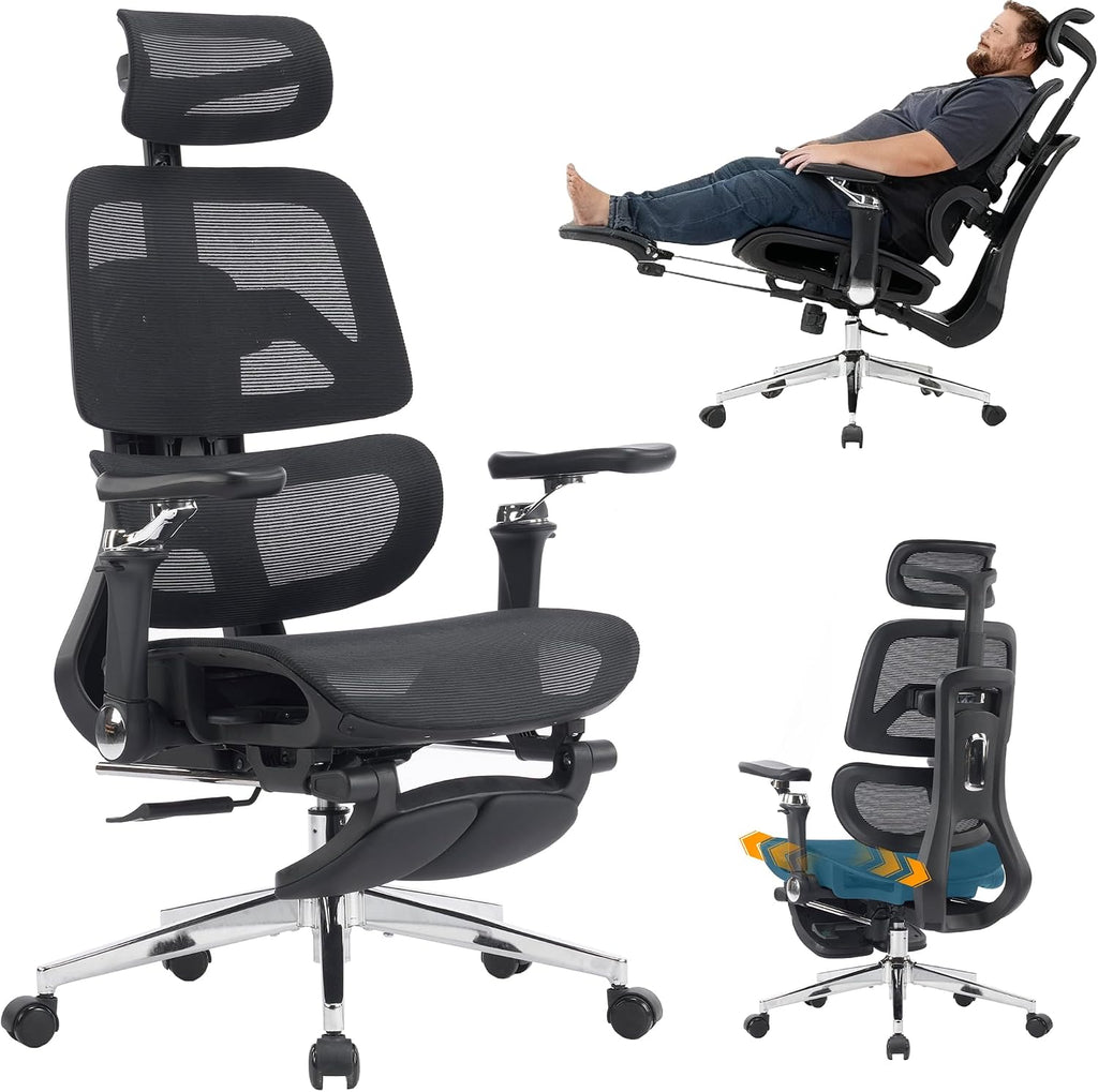 Ergonomic Office Chair with Footrest, High Back Mesh Computer Chair with Lumbar Support, 5-Level Backrest Height, 6D Flip-Up Arms for Home & Gaming Desk (Black Mesh One-piece Lumbar Support)