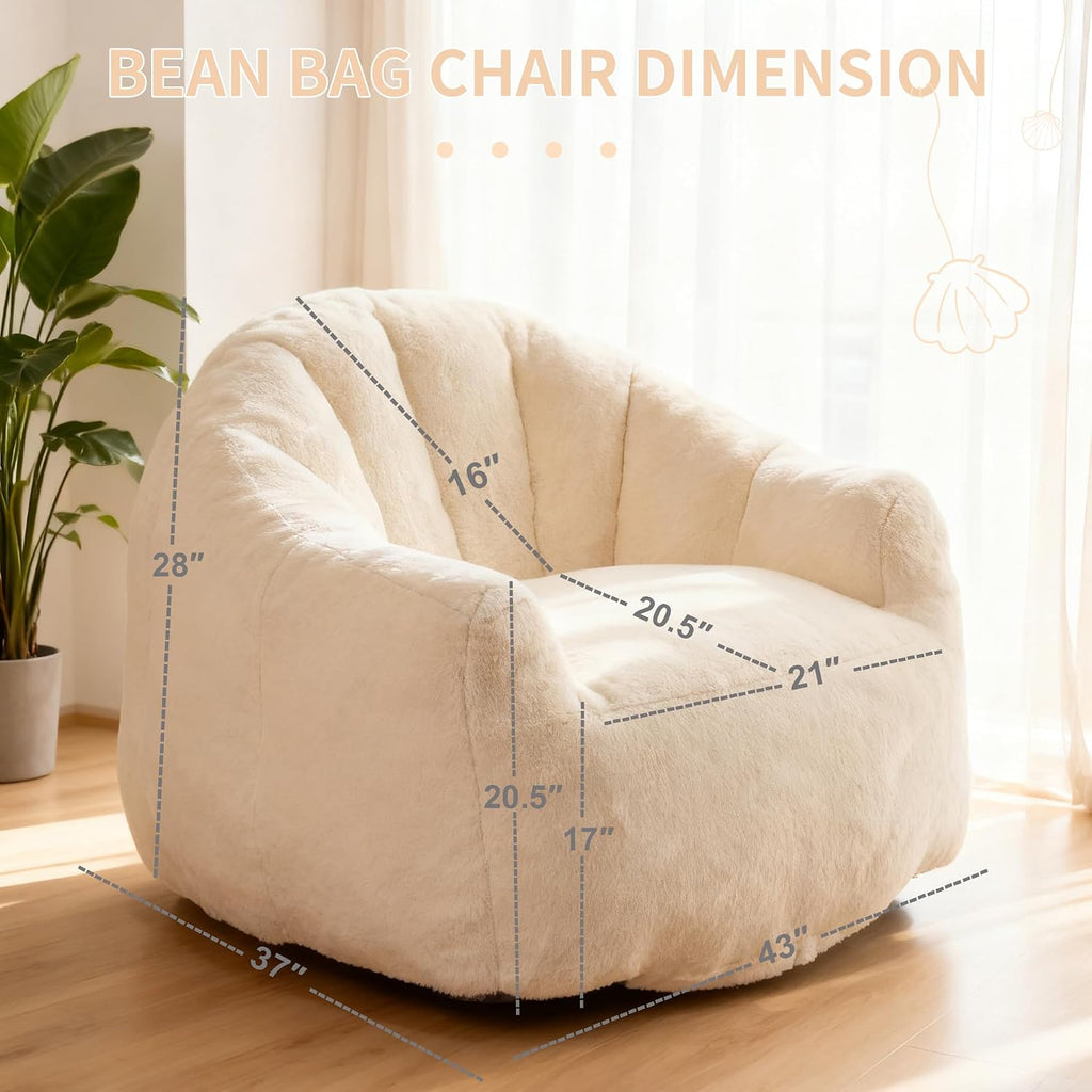 Bean Bag Chair, Giant Beanbag Chiars for Adults and Teens, Faux Fur Shell-Shaped Floor Sofa with Filler, Comfy Chair for Reading, Gaming and Relax (Beige)