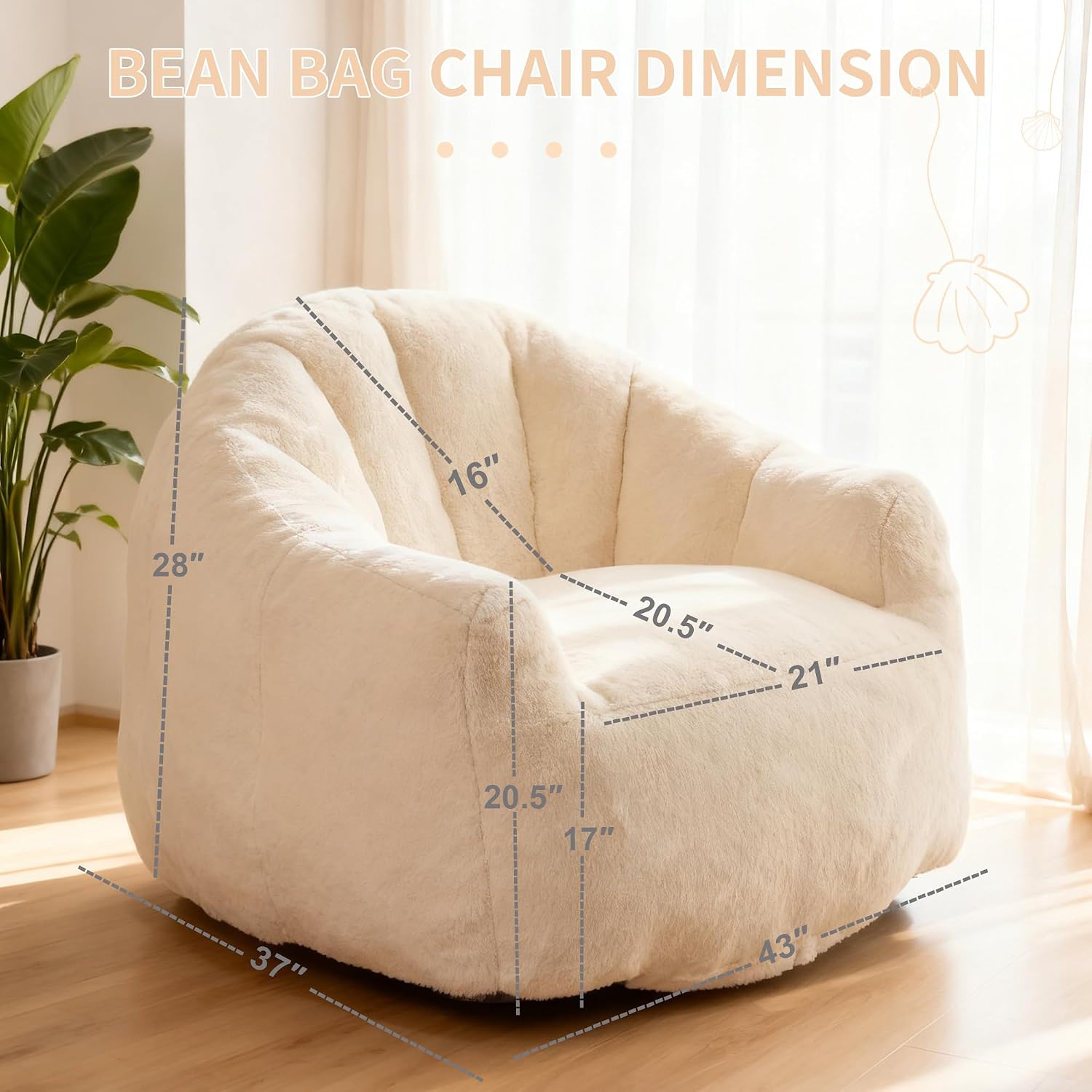 Bean Bag Chair, Giant Beanbag Chiars for Adults and Teens, Faux Fur Shell-Shaped Floor Sofa with Filler, Comfy Chair for Reading, Gaming and Relax (Beige)