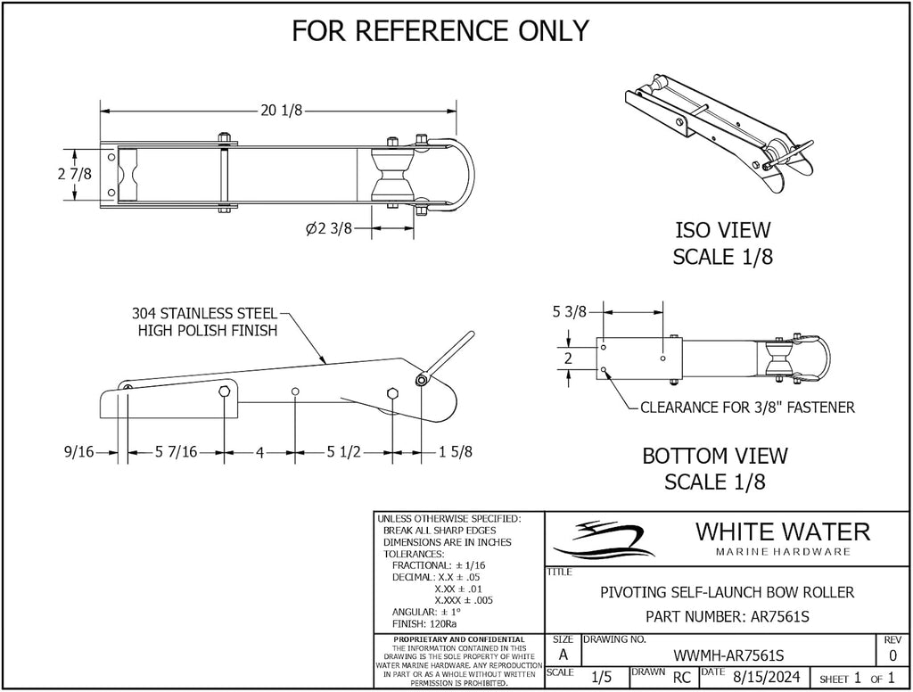White Water AR7561S Marine Polished Stainless Pivoting Anchor Roller, 20-1/2'