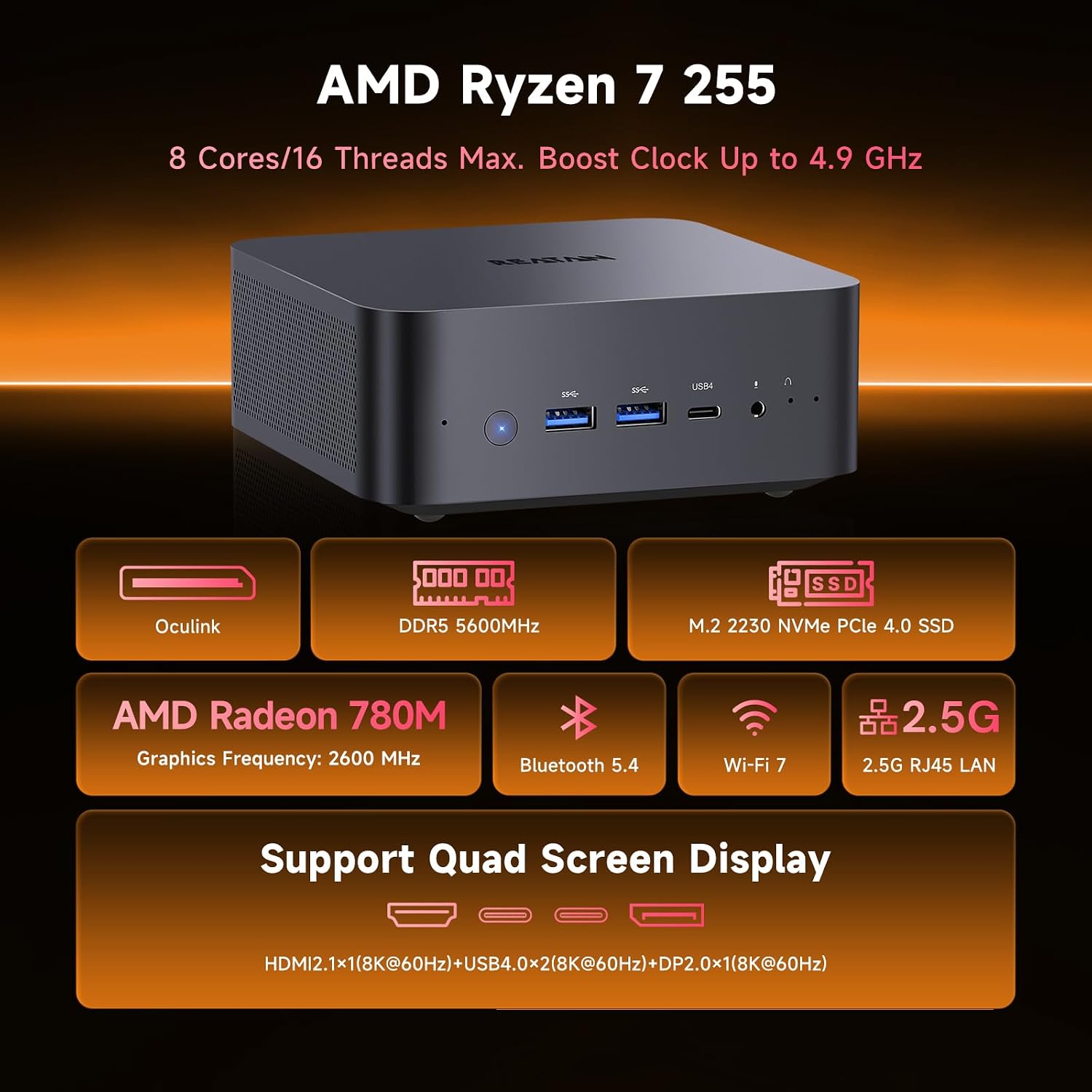 Reatan X7 Mini Gaming PC,AMD Ryzen 7 255(8C/16T, up to 4,9 GHz) Radeon 780M 48GB RAM DDR5 + 1TB SSD Up to 8K Quad-Screen Display Desktop Gaming Mini Computers OCulink WiFi 7 BT:5.4 Built-in Speaker