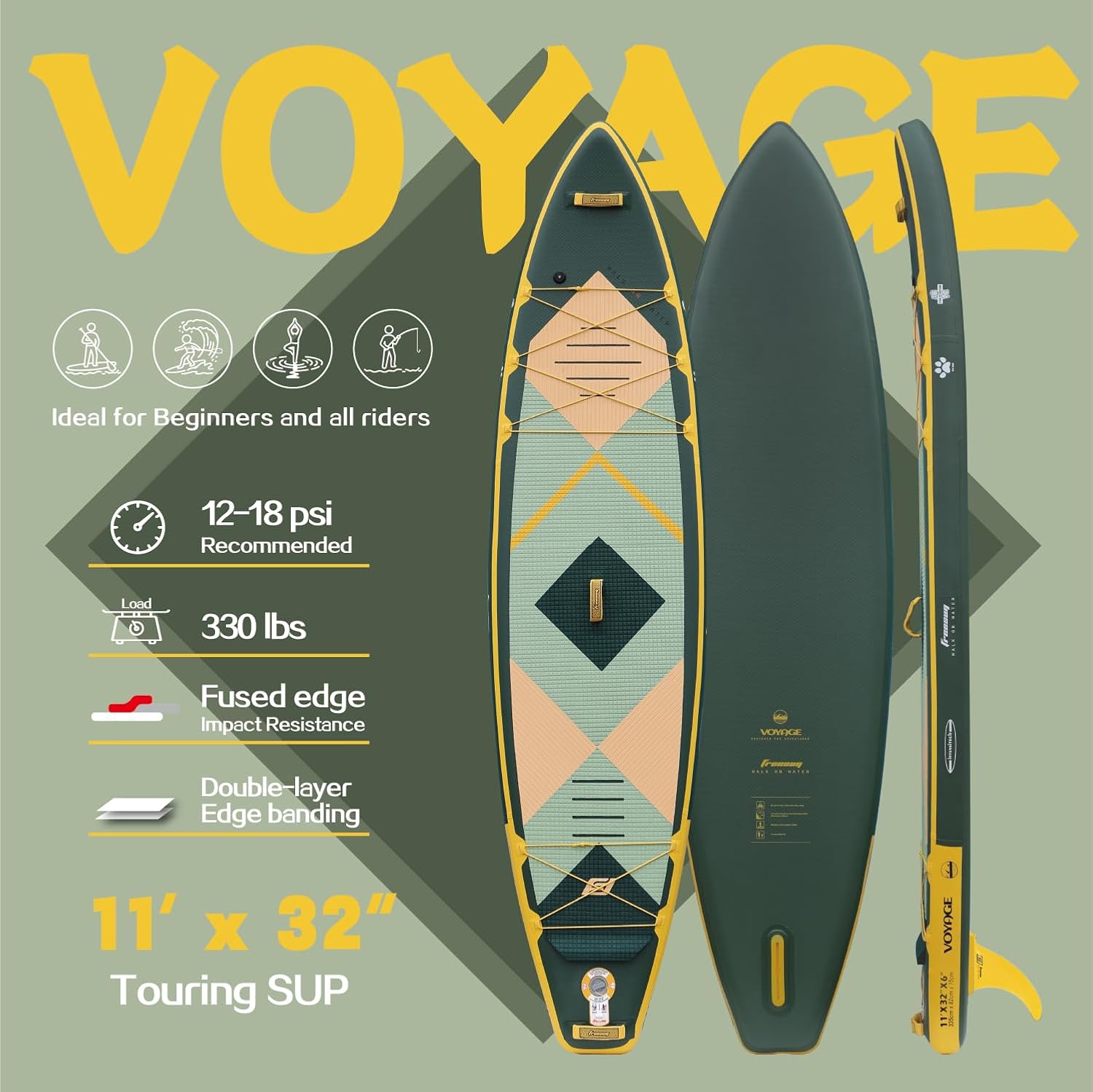 FREESUN Voyage 11' x 32' Inflatable Stand Up Paddle Board, Stable Touring SUP for Long-Distance Cruising & Family,Heat-Fusion iSUP with Camera Mount,Extra Large EVA Pad for Dogs/Kids,Blue