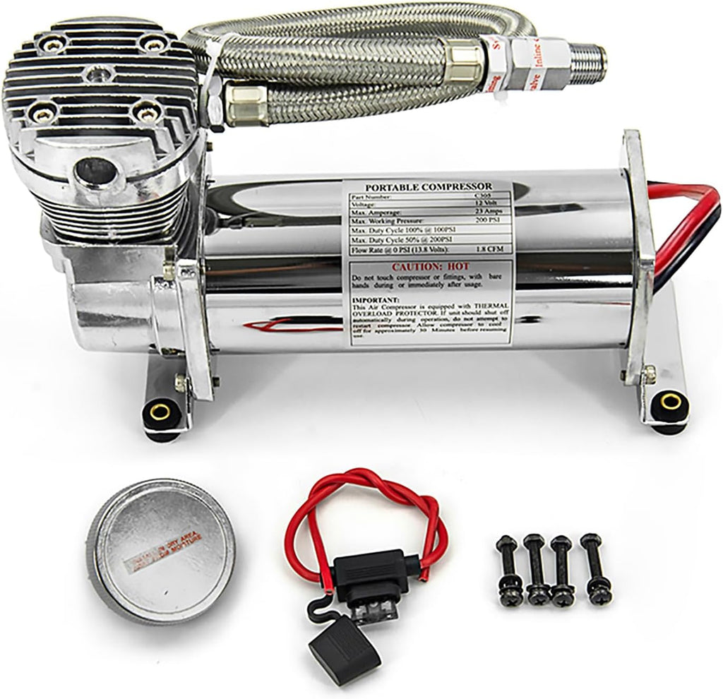 200PSI 1/4 NPT Heavy Duty Air Train Horn/Air Ride Suspension Compressor for Train/Truck/Car 12V SILVER Dual