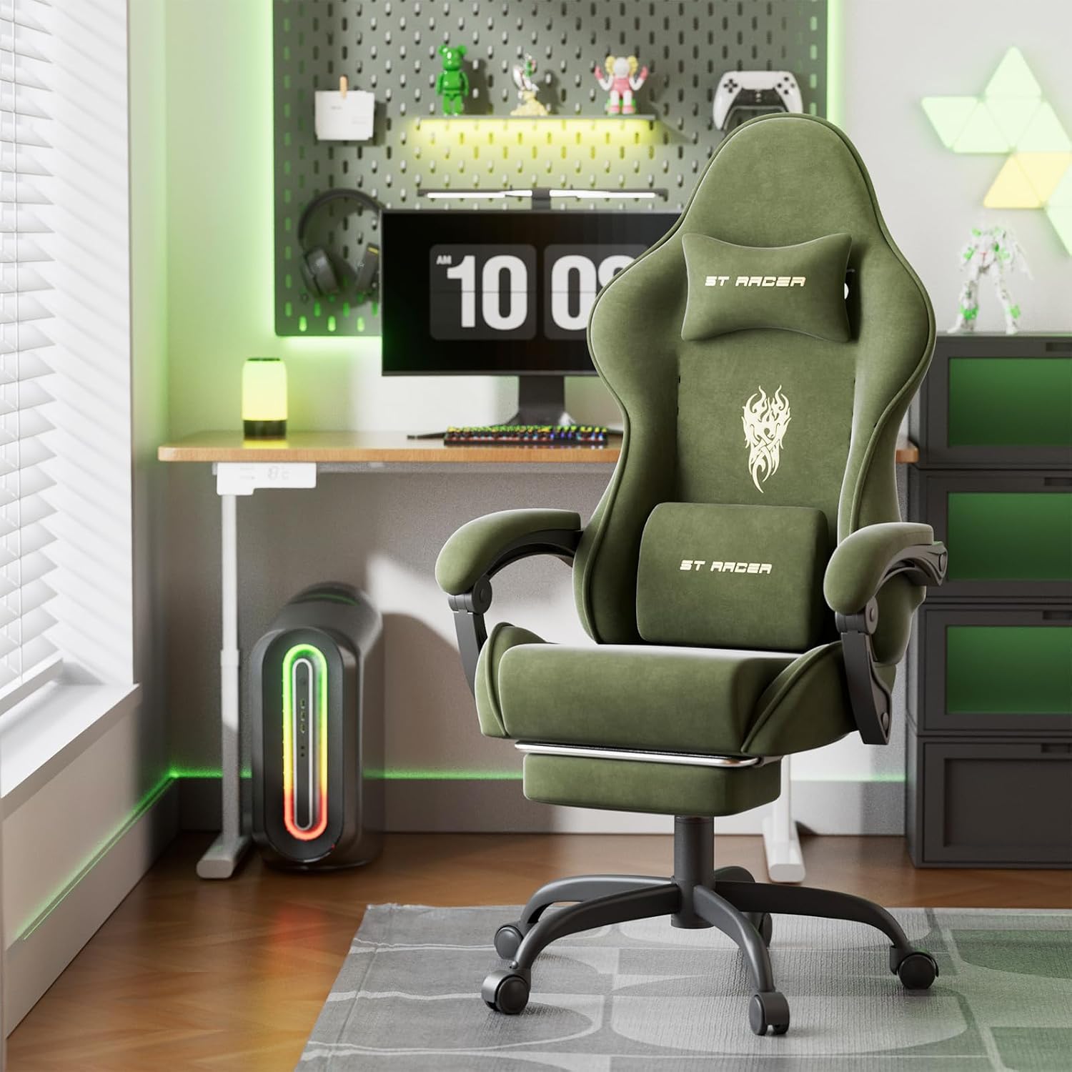 Huracan Velvet Fabric Racing Gaming Chair for Adults - Ergonomic Gamer Chair with Massage Lumbar, Footrest & Spring Cushion | Home Office/Video Game Chair, Green