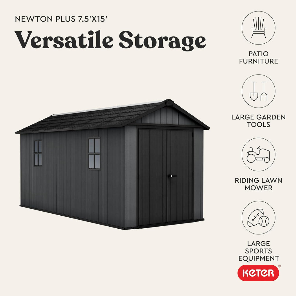 Keter Newton Plus 7.5x15 Ft All-Weather Storage Shed with Skylight, Window, Built-in Ventilation, Customizable Walls, & Lockable Double Doors, Graphite