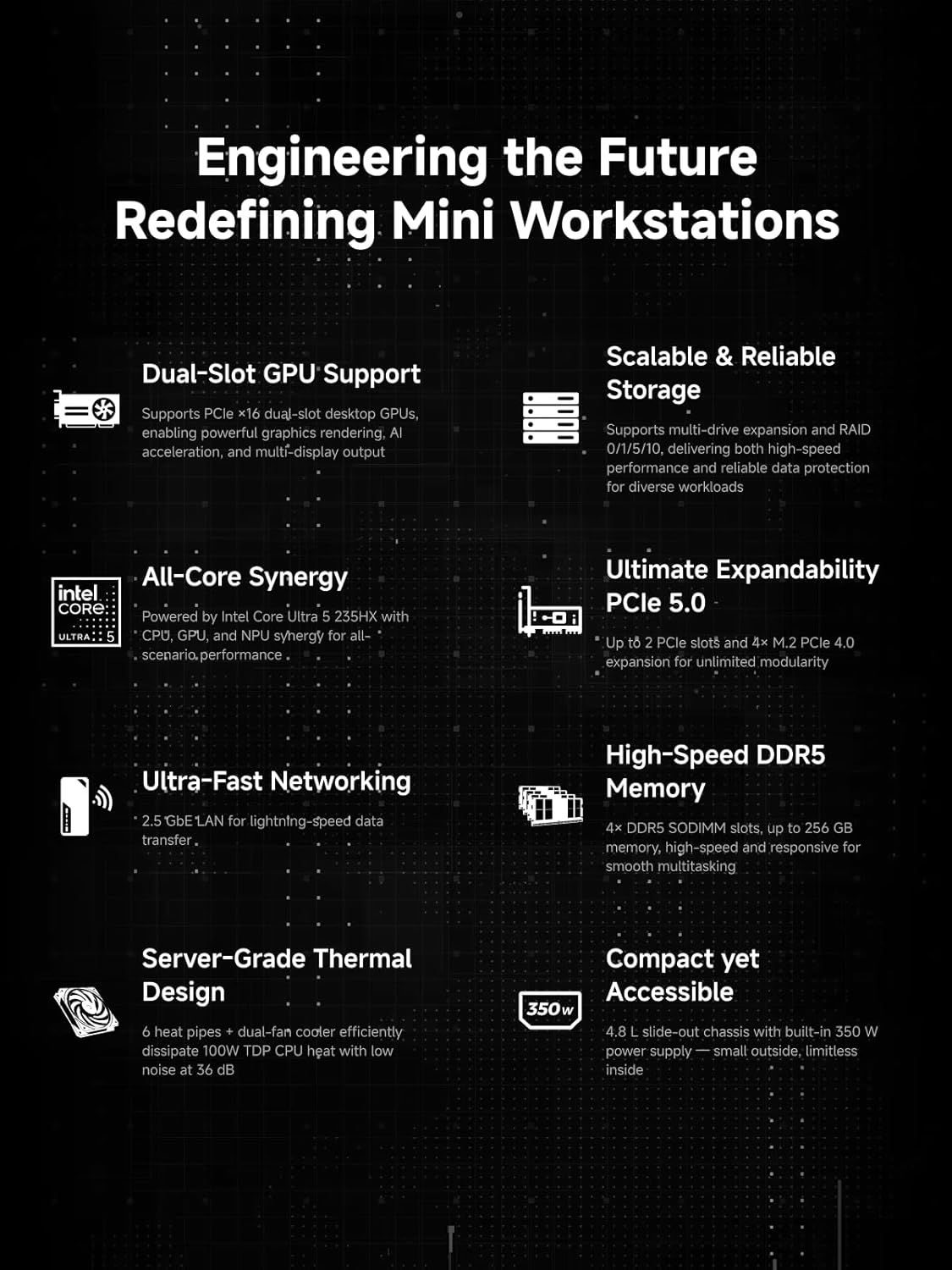 MINISFORUM MS-02 Ultra Workstation Mini PC,Intel Core Ultra 5 235HX (14 cores/14 Threads, up to 5.1 GHz), PCIe 5.0 x16, 4× DDR5, USB4 v2, 10GbE+2.5GbE (vPro), Wi-Fi 7, Barebone Without RAM/SSD