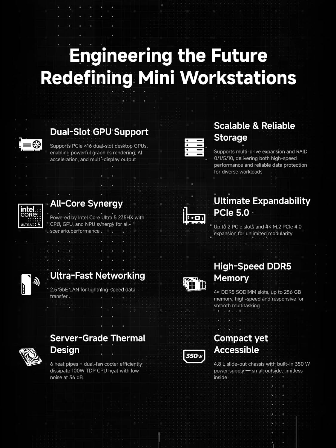 MINISFORUM MS-02 Ultra Workstation Mini PC,Intel Core Ultra 5 235HX (14 cores/14 Threads, up to 5.1 GHz), PCIe 5.0 x16, 32GB RAM 1TB SSD, USB4 v2, 10GbE+2.5GbE (vPro), Wi-Fi 7