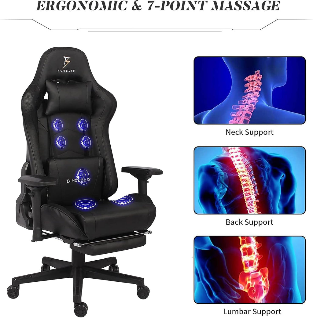Massage Video Game Chair for Teens, RGB Gaming Chair with Speakers, High Back Adjustable Computer Chair with Footrest, PU Leather Recliner Swivel Rocking Desk Chair Office Chair,Black