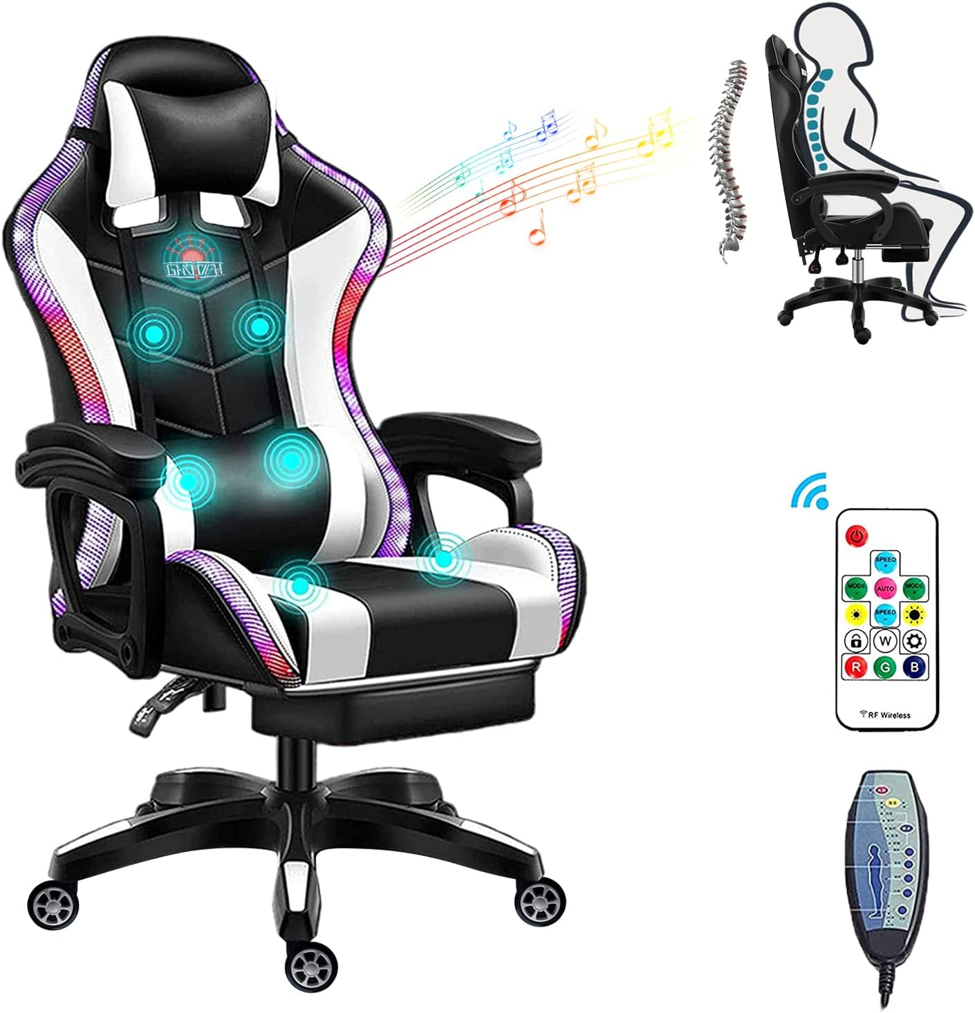 Massage Gaming Chair with Speakers, Ergonomic Recliner Computer Desk Chair, High Back PU Leather Office Chair Adjustable Swivel Reclining Chair with Lumbar Support and Footrest,White